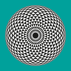 Vector illustration of a black and white geometric eye optical illusion on a blue-green background
