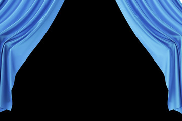 Open blue silk curtains for theater and cinema with a black background. 3d rendering