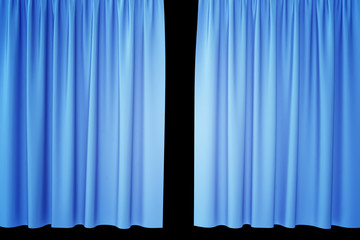 Open blue silk curtains for theater and cinema with a black background. 3d rendering