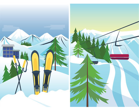 Winter holidays landscape vector illustration.