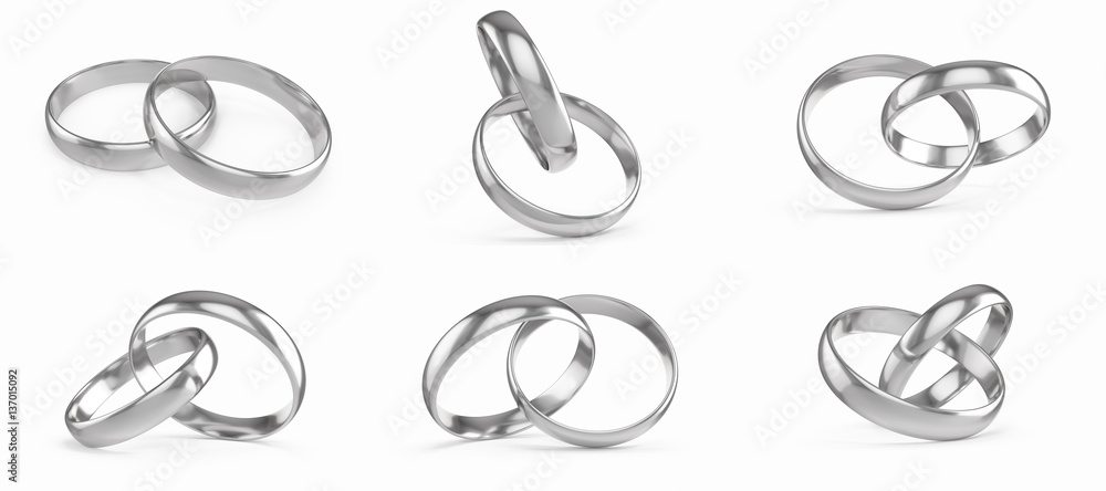 Wall mural Wedding silver rings set, collection isolated on white background. 3d rendering