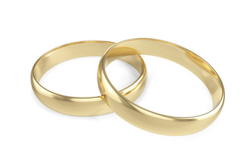 Two gold engagement or wedding ring isolated on white background. 3d rendering