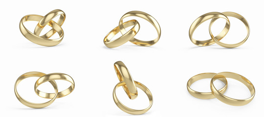 Obraz premium Wedding gold rings set, collection isolated on white background. 3d rendering