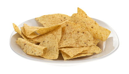 Plate with a serving of tortilla chips isolated on a white background.