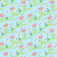 Pattern with stylized flowers and bees
