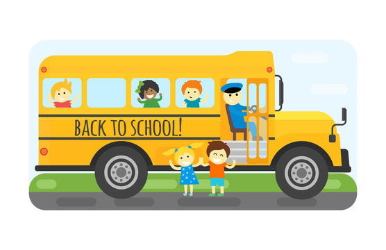 School bus kids transport vector illustration.