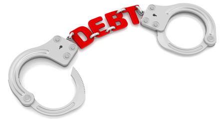 Debt. Steel handcuffs with red word "DEBT", isolated on white background