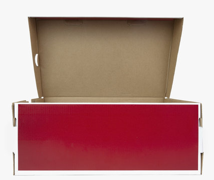 Empty Red And White Shoebox With Lid Open. Isolated.