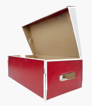 Empty Red And White Shoebox With Lid Open. Isolated.