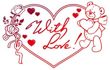 Gradient color heart-shaped frame with outline roses, teddy bear holding heart. 