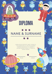 Diploma cartoon template. Spaceship, stars. planets, comets. For award for victory in scientific competition. Cartoon space diploma template.