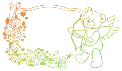 Gradient color label with  roses and teddy bear looks like a Cupid. 