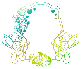 Gradient color label with  roses and teddy bear looks like a Cupid. 