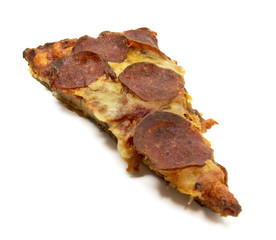 Isolated pizza slice on a white background.
