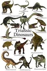 Fotobehang Triassic Dinosaurs - A collection of various dinosaur and marine animals that lived during the Triassic Period of Earth's history. © Catmando