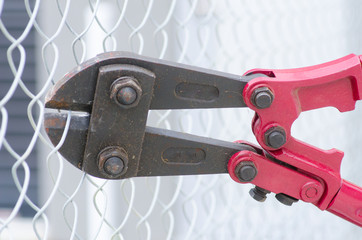 Bolt cutter cropping fence close up