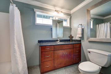 Bathroom interior with blue grey walls and tile flooring