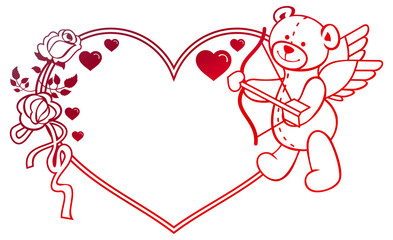 Gradient label with  roses and teddy bear looks like a Cupid. Raster clip art.