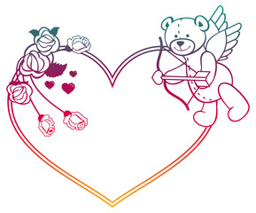 Gradient label with  roses and teddy bear looks like a Cupid. Raster clip art.