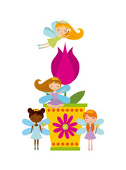 flower in a pot and fairy girls over white background. colorful design. vector illustration