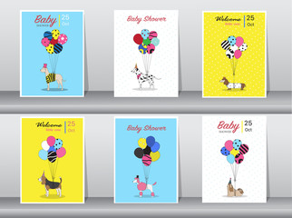 Fototapeta na wymiar Set of baby shower cards,vintage color,poster,template,greeting cards,balloons,animals,dogs,Vector illustrations