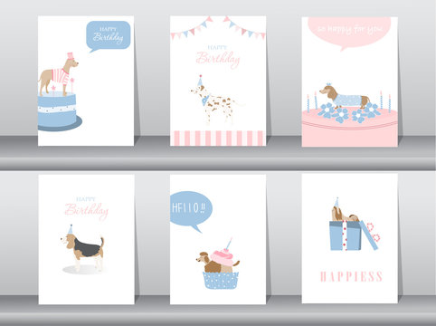 Set of birthday invitations cards,poster,greeting,template,animals,dogs,Vector illustrations