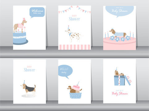 Set of baby shower invitations cards,poster,greeting,template,animals,dogs,Vector illustrations 