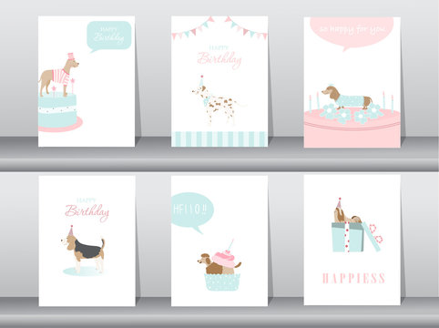 Set of birthday invitations cards,poster,greeting,template,animals,dogs,Vector illustrations 