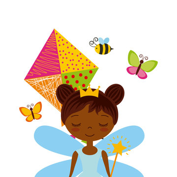 kite and fairy girl icon over white background. colorful design. vector illustration