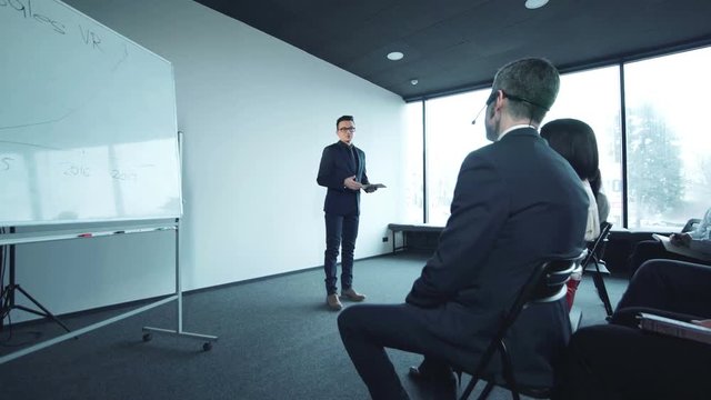 Businessman making a presentation ad then a dialogue to the another one and all is applaud