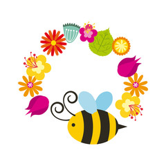 bee and wreath of flowers over white background. colorful design. vector illustration