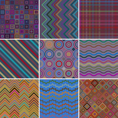 Set with dark nine seamless abstract geometric pattern, vector illustration