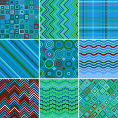 Set with nine seamless abstract geometric pattern, vector illustration. Green, blue colors.