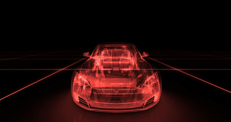 Sport car wire model with red neon ob black background