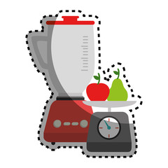sticker colorful blender with kitchen weight scale and fruits vector illustration
