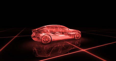 Fototapeta premium Sport car wire model with red neon ob black background