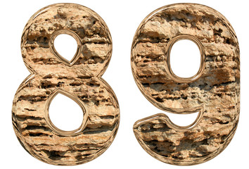 Numeral 89, eighty nine, isolated on white, natural limestone, 3