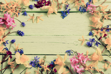 flowers on green wooden background