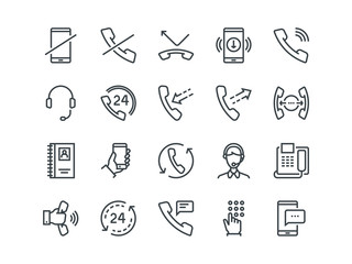 Phone. Set of outline vector icons. Includes such as Calls, Online Support, Mobile Phone and more. Editable Stroke. 48x48 Pixel Perfect.
