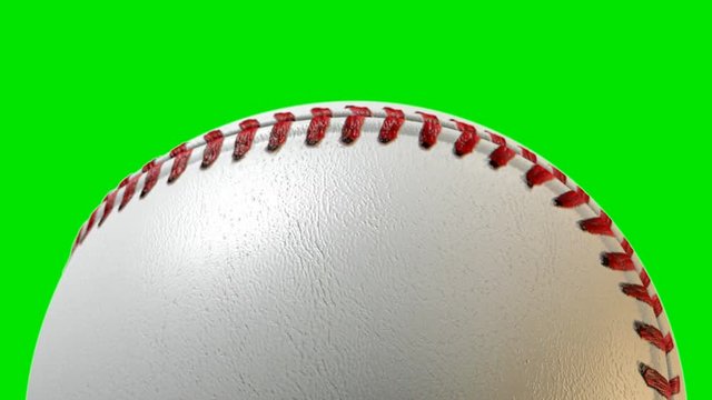 A closeup of a traditional baseball ball with a leather and stitched surface rotating once to create a loop able sequence on a green screen background - 3D render