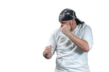 Athlete rack capoeira dark bandanna on her head, isolated