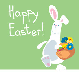 Cute Easter bunny with a basket of flowers and Easter eggs. Cartoon vector illustration