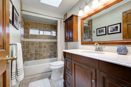 Traditional bathroom in brown tones with skylight