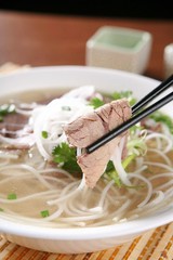 Fresh beef and onion, light and delicious beef rice noodle made of ingredients