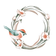 Bird and floral wreath 2. Isolated on white. Watercolor painting.