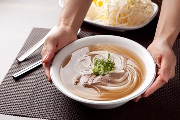 Fresh beef and onion, light and delicious beef rice noodle made of ingredients