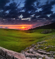 Fototapeta premium Summer vivid landscape in the mountains at sunrise