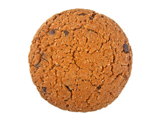 Chocolate chip cookie isolated on white background, top view.