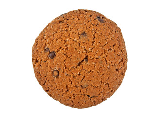 Chocolate chip cookie isolated on white background, top view.