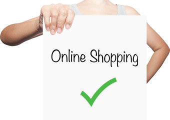 hand hold a white placard presenting phrase of online shopping.B